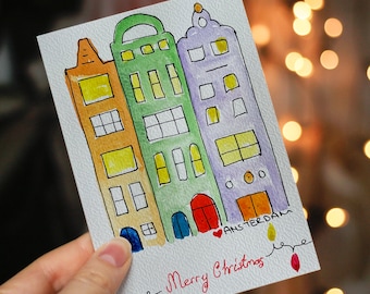Carte de Noël aquarelle d'Amsterdam, art de la maison fait main