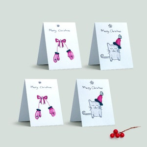Cartes de Noël aquarelle chat et mitaine, jeu de cartes de Noël, carte postale aquarelle faite main, cartes de voeux, jeu de cartes de bonne année, Noël