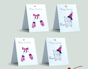 Cartes de Noël chat aquarelle Ensemble de voeux de vacances faits main