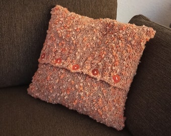 Kissenbezug BEIGE-ORANGE m. Knopfleiste Zierkissen Kissenhülle gestrickt Wolle Viskose Effektgarn ohne Reißverschluss gemütlich Wohnzimmer