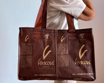 Stor brun shoppingväska Vescovi/TENTEN återvunnen shoppingväska, sportväska, axelväska, hållbar, kaffepåsar, aluminium, tvättbar, vattentät