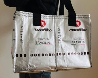 Stor silverfärgad shoppingväska BRASILIA Mocambo återvunnen shoppingväska, sportväska, axelväska, hållbar, kaffepåsar, aluminium, tvättbar