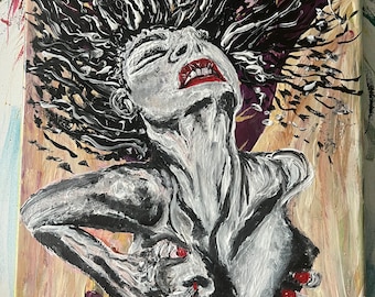 Può includere: Un dipinto in bianco e nero di una persona con la testa all'indietro e la bocca aperta. I capelli della persona sono lunghi e fluenti, e i suoi occhi sono chiusi. Il dipinto è realizzato in uno stile denso e impasto, e i colori sono vivaci e audaci.