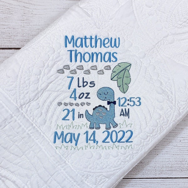 Personalized heirloom baby quilt, Dinosaur baby stats , custom name blanket, gift for newborn