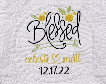 Personalized heirloom wedding/anniversary quilt, custom name blanket, bible verse quilt
