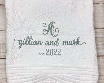 Personalized Heirloom Wedding Quilt, Custom Embroidered Name Blanket
