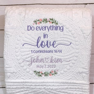 Personalized heirloom wedding/anniversary quilt, custom name blanket, bible verse quilt