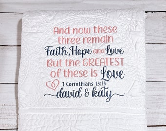 Personalized heirloom wedding/anniversary quilt, custom name blanket, bible verse quilt