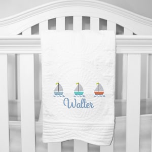 Personalized heirloom baby quilt, Sailboat, custom name blanket, gift for newborn