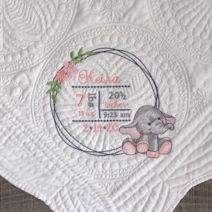 Personalized heirloom baby quilt, Ellie Elephant, custom name blanket, gift for newborn