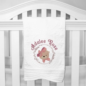 Personalized heirloom baby quilt, Girl Teddy Bear, custom name blanket, gift for newborn