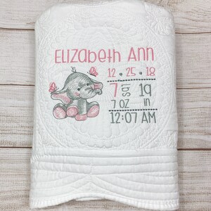Personalized heirloom baby quilt, Baby elephant birth announcement, custom name blanket, gift for newborn