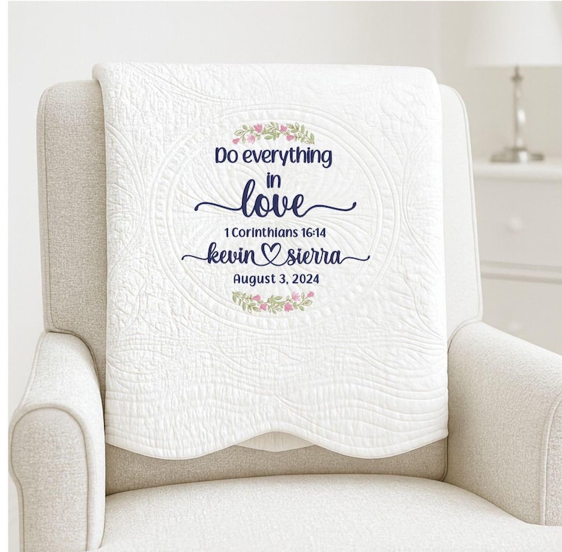 Personalized heirloom wedding/anniversary quilt, custom name blanket, bible verse quilt image 2