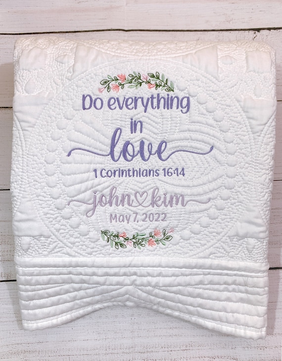 Personalized heirloom wedding/anniversary quilt, custom name blanket, bible verse quilt