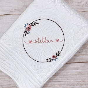 Personalized heirloom baby quilt, boho wreath, custom name blanket, gift for newborn