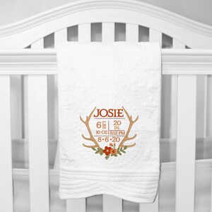 Personalized heirloom baby quilt, Boho Floral Antlers , custom name blanket, gift for newborn