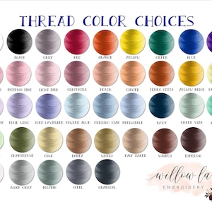 May include: A chart of thread colors for embroidery, with names for each color. The colors are arranged in rows and columns, with the names of the colors listed below each color swatch. The chart is titled "THREAD COLOR CHOICES".