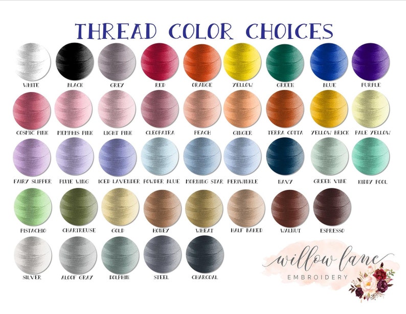 May include: A chart of thread colors for embroidery, with names for each color. The colors are arranged in rows and columns, with the names of the colors listed below each color swatch. The chart is titled "THREAD COLOR CHOICES".