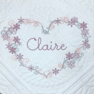 Personalized heirloom baby quilt, delicate heart wreath, custom name blanket, gift for newborn