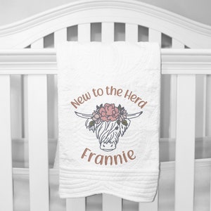 Personalized heirloom baby quilt, Highland Cow, custom name blanket, gift for newborn