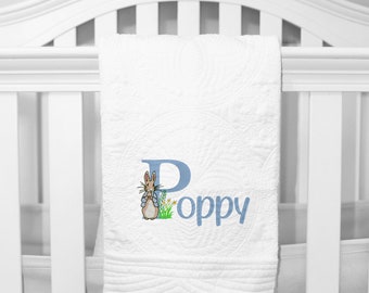 Personalized heirloom baby quilt, Peter Rabbit bunny, custom name blanket, gift for newborn