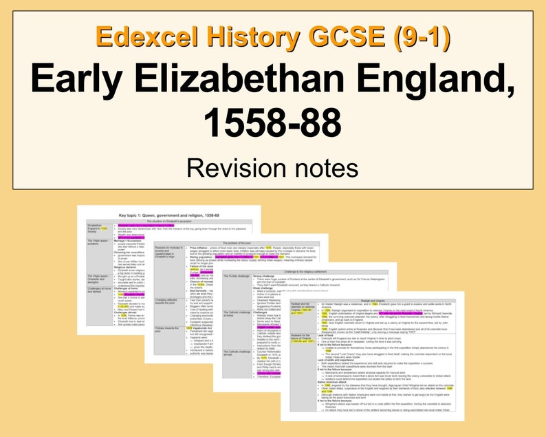 Edexcel History GCSE Revision Notes Early Elizabethan Etsy UK
