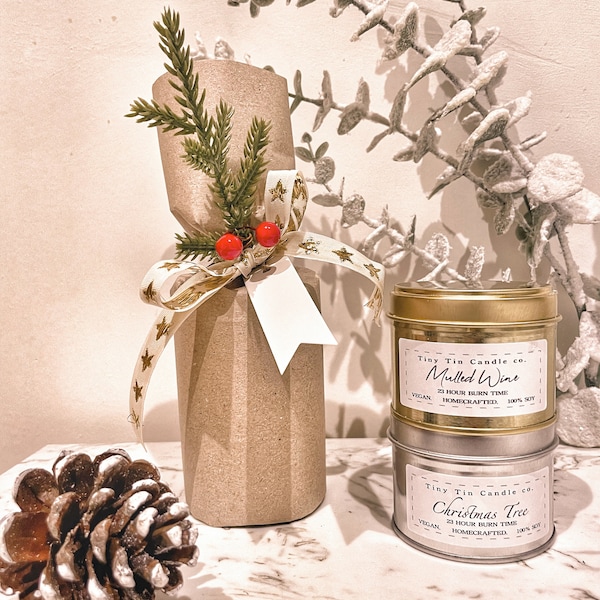 Christmas Candle Gift Set 2x Soy Candles wrapped as a gift set, Personalised with your chosen scent's