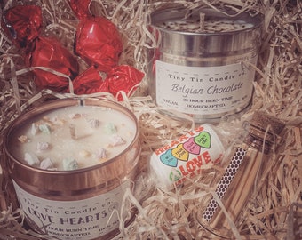 Valentines Soy Candle Gift Set Love Hearts Candle and Belgian Chocolate Candle