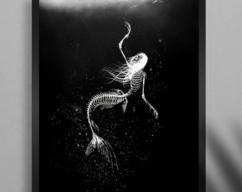 Siren. Art Print. Skeleton dark mermaid, skull art, surreal gothic home decor.