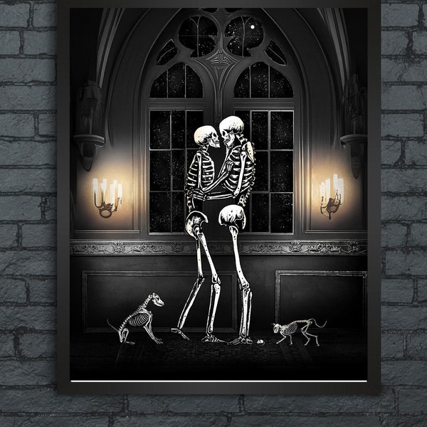 Inseparable Souls. Art Print. Romantic skeletons, skeleton puppy and kitty, warm cosy surreal goth skull art. Gothic home decor.