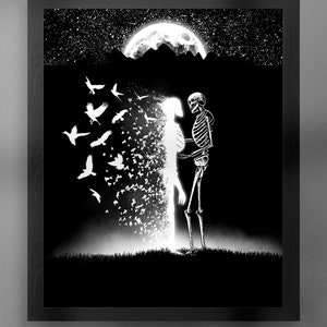 El largo adiós. Lámina artística. Ilustración de esqueletos, pájaros, surrealismo, arte oscuro, decoración gótica para el hogar.