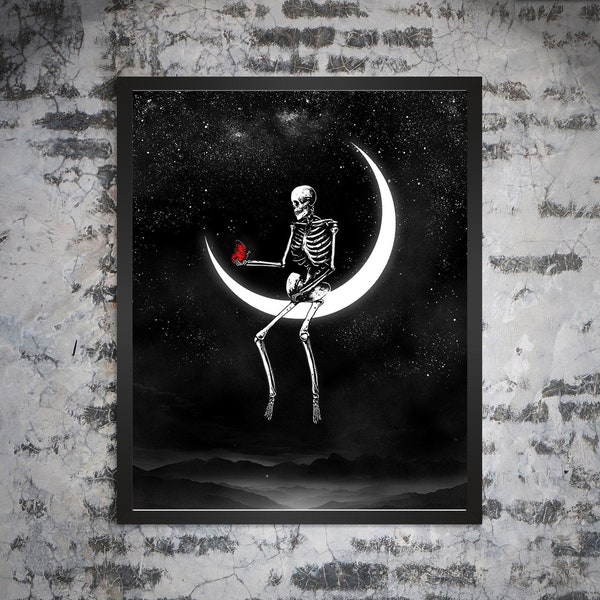 Mariposa Pt.2. Art Print. Dark, red butterfly, skeleton, moon, never alone, skull, surreal art. Gothic home decor.