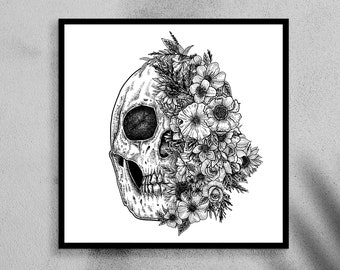 Skull and Flower. Art Print. Tattoo design, skull art, floral. Wall Art. Gothic home decor.