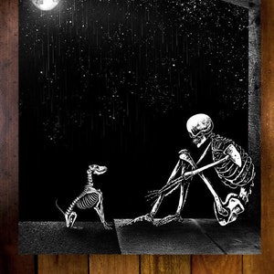 Always Make Me Smile. Art Print. Skeleton dog, surreal illustration, pet art, gothic home decor.