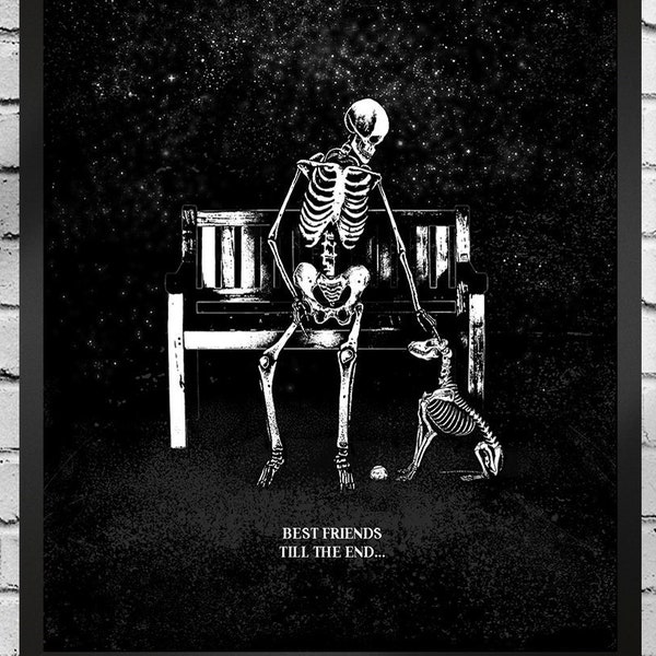 Best friends till the end v2. Art Print. Skeleton dog, puppy, surreal illustration, pet skull art. Gothic home decor.