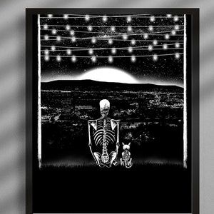 Friends Forever. Art Print. Skeleton and skeleton cat illustration, gothic home decor.