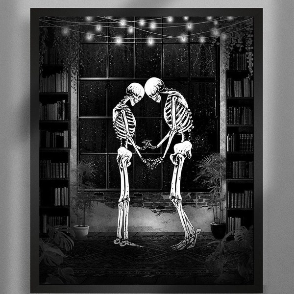 Blissful Moments. Art Print. Skeleton couple, love, romance, living room, plants, dark, cosy. Gothic home decor.
