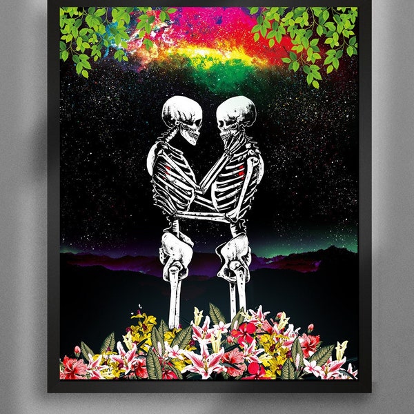 One Love. Art Print. Dark romantic, skeleton couple, cosmos, space, floral, colour, skull art. Gothic home decor.