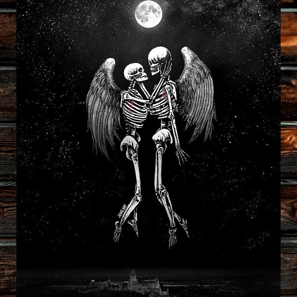 Now We Are Free. Art Print. Skeleton, dark romantic, angels, wings surreal illustration. Wall Art. Gothic home decor.