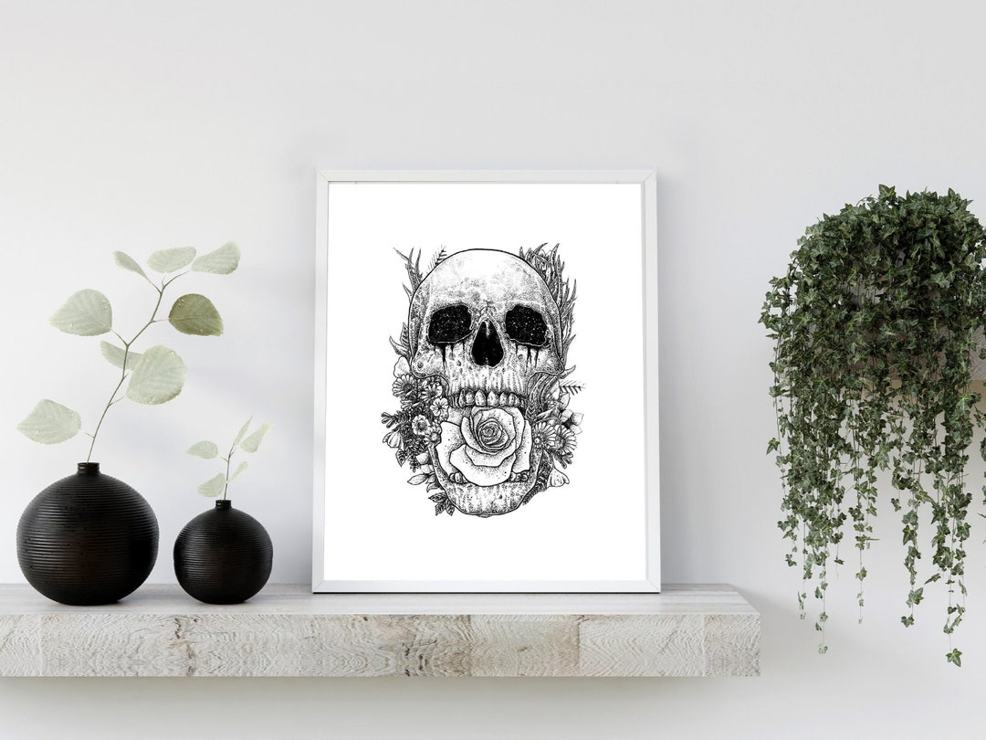 Floral Skull. Art Print. Skull and Flowers Design. Ink Drawing. Wall ...