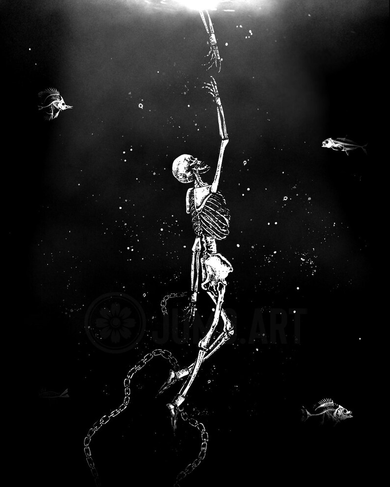 breaking free Art Print Saviour Skeleton deep sea 8x10 illustration.