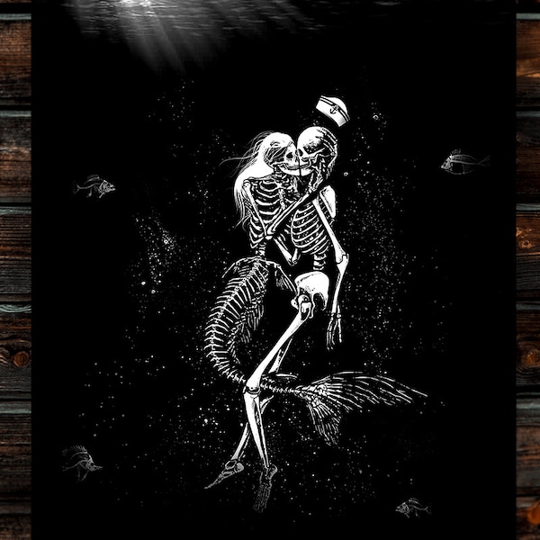 Siren's Kiss. Art Print. Skeletons kissing, romantic, mermaid, dark illustration, gothic home decor.