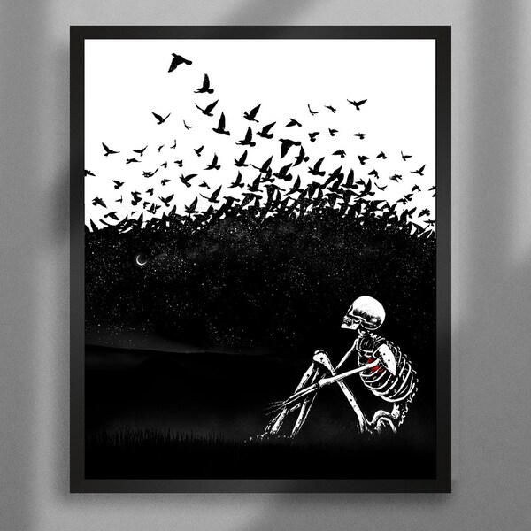 Where the Sky Ends. Art Print. Dark, skeleton, moon, surreal, bird silhouette, skull art. Gothic home decor.