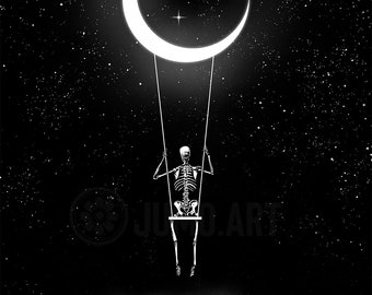 Moonlight Swing. Art Print. Skeleton, Crescent Moon, Swing