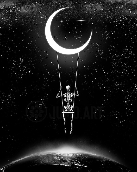 Moonlight Swing. Art Print. Skeleton, Crescent Moon, Swing