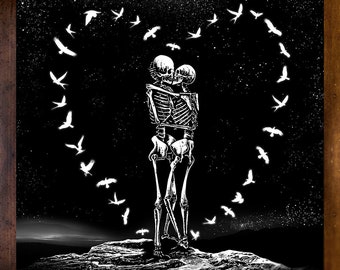 Beloved. Art Print. Skeletons kissing romantic illustration. Dark romance, heart shaped birds, gothic home decor.