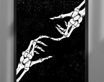 Reconnect. Art Print. Dark romantic, skeleton hands, night sky, stars. Gothic home decor.