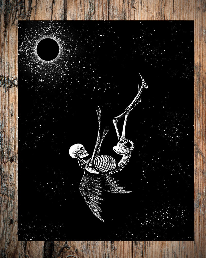 堕落。アートプリント。空から落ちてくる天使の骸骨。日食、太陽と月