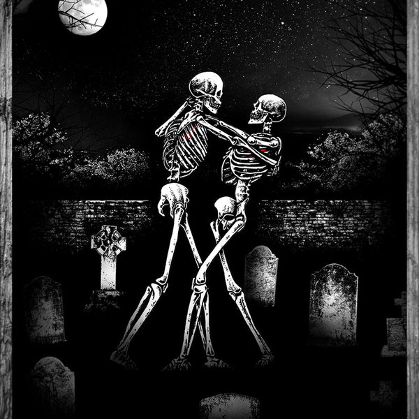 Dance the Night Away. Art Print. Skeletons dancing, cemetary, graveyard surreal illustration, gothic home decor.