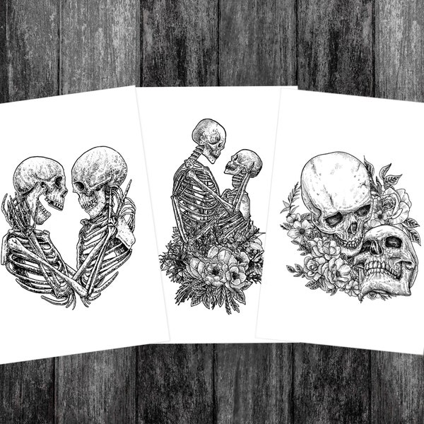 The Lovers Set. x3 (8x10") prints. Skull and Skeletons design, ink stippling drawing. Gothic home wall decor.